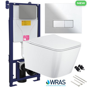 Bubly Bathrooms™ Square Rimless 2.0 Wall Hung Toilet with 1.10m Concealed WC Cistern Frame - Polished Chrome Plate