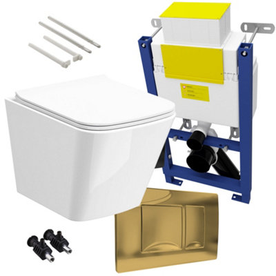 Bubly Bathrooms™ Square Rimless Wall Hung Toilet & 0.74m Low Height Concealed Cistern Frame - Brushed Brass Plate