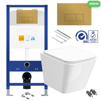 Bubly Bathrooms Square Rimless Wall Hung Toilet Set with Concealed Cistern & Brushed Brass Flush Plate