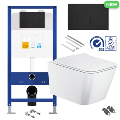 Bubly Bathrooms Square Rimless Wall Hung Toilet Set with Concealed Cistern & Matt Black Flush Plate