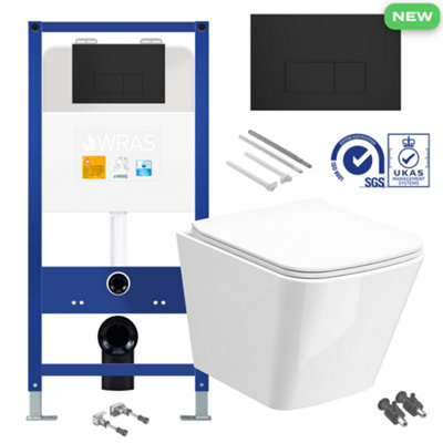 Bubly Bathrooms Square Rimless Wall Hung Toilet Set with Concealed Cistern & Matt Black Flush Plate