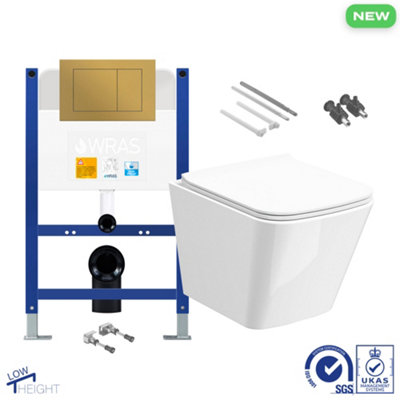Bubly Bathrooms Square Rimless Wall Hung Toilet Set with Low Height Concealed Cistern - Brushed Brass Flush Plate