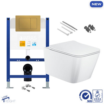 Bubly Bathrooms Square Rimless Wall Hung Toilet Set with Low Height Concealed Cistern Frame - Matt Gold Flush Plate