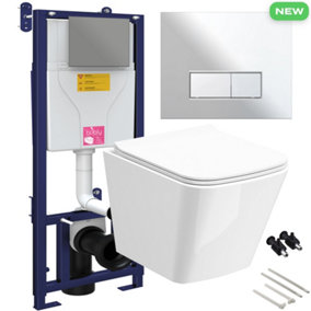 Bubly Bathrooms™ Square Rimless Wall Hung Toilet with 1.10m Concealed WC Cistern Frame - Gloss Chrome Plate