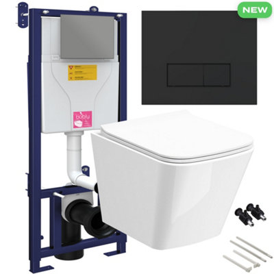 Bubly Bathrooms™ Square Rimless Wall Hung Toilet with 1.10m Concealed WC Cistern Frame - Matt Black Plate