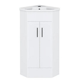Bubly Bathrooms™ Two Door Corner Vanity Unit & Basin Sink - 555mm - Gloss White with Black Handles