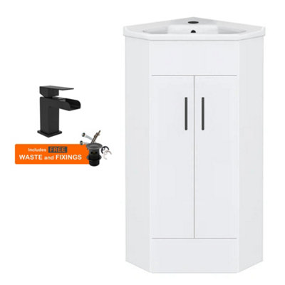 Bubly Bathrooms™ Two Door Corner Vanity Unit & Basin Sink - 555mm - Gloss White with Black Tap