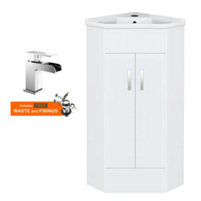 Bubly Bathrooms™ Two Door Corner Vanity Unit & Basin Sink - 555mm - Gloss White with Chrome Tap