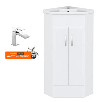 Bubly Bathrooms™ Two Door Corner Vanity Unit & Basin Sink - 555mm - Gloss White with Chrome Tap