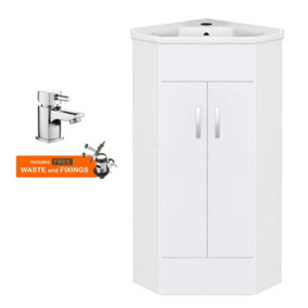 Bubly Bathrooms™ Two Door Corner Vanity Unit & Basin Sink - 555mm - Gloss White with Chrome Tap