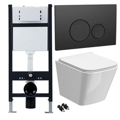 Bubly Bathrooms™ White Rimless Square Wall Hung Toilet Pan, Seat & 1.13m Concealed Cistern Frame - Black