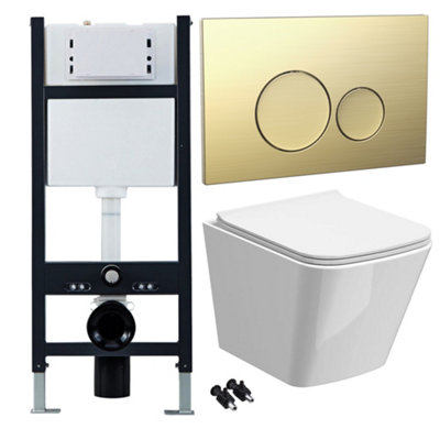 Bubly Bathrooms™ White Rimless Square Wall Hung Toilet Pan, Seat & 1.13m Concealed Cistern Frame - Brass