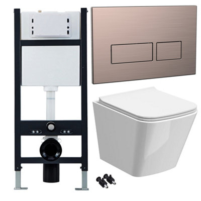 Bubly Bathrooms™ White Rimless Square Wall Hung Toilet Pan, Seat & 1.13m Concealed Cistern Frame - Bronze