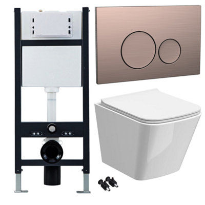 Bubly Bathrooms™ White Rimless Square Wall Hung Toilet Pan, Seat & 1.13m Concealed Cistern Frame - Bronze