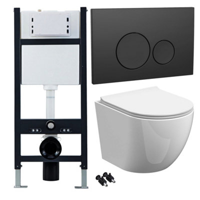 Bubly Bathrooms™ White Rimless Wall Hung Toilet Pan, Seat & 1.13m Concealed Cistern Frame - Black