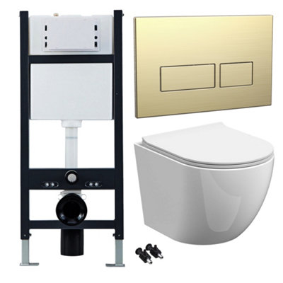 Bubly Bathrooms™ White Rimless Wall Hung Toilet Pan, Seat & 1.13m Concealed Cistern Frame - Brass