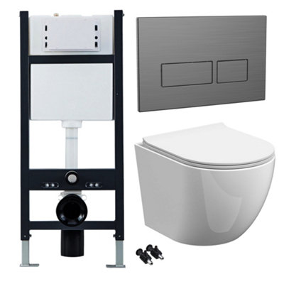 Bubly Bathrooms™ White Rimless Wall Hung Toilet Pan, Seat & 1.13m Concealed Cistern Frame - Gunmetal