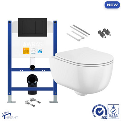 Bubly BathroomsT D-Shape Rimless Wall Hung Toilet Set with Low Height Concealed Cistern - Matt Black Flush Plate