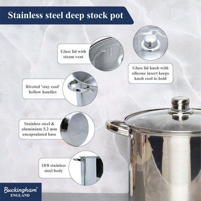 Buckingham Stainless Steel Deep Stock pot with Glass Lid 24 cm
