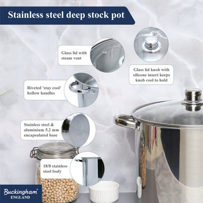 Buckingham Stainless Steel Deep Stock pot with Glass Lid 28 cm