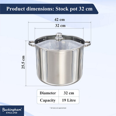 Buckingham Stainless Steel Deep Stock pot with Glass Lid 32 cm