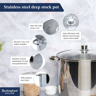 Buckingham Stainless Steel Deep Stock pot with Glass Lid 32 cm