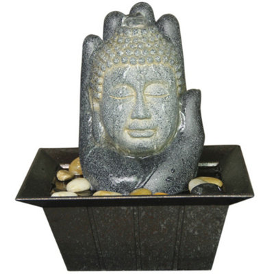 Buddha and Hand Tabletop Indoor Fountain Water Feature with Pebbles