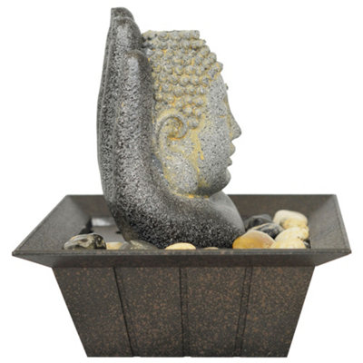 Buddha and Hand Tabletop Indoor Fountain Water Feature with Pebbles