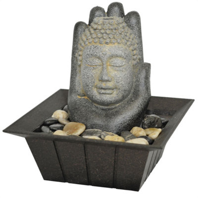 Buddha and Hand Tabletop Indoor Fountain Water Feature with Pebbles