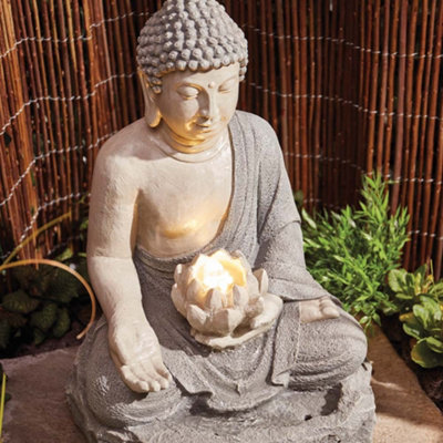 Buddha Water Feature Light Up LED Lotus Fountain Crack Resistant & Self Contained for Garden, Decking & Patio (Height - 56cm)