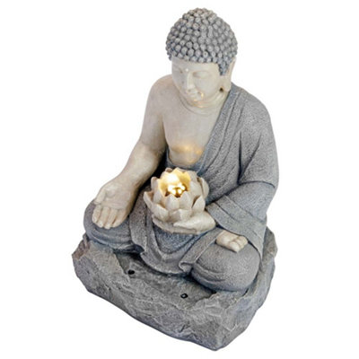 Buddha Water Feature Light Up LED Lotus Fountain Crack Resistant & Self Contained for Garden, Decking & Patio (Height - 56cm)