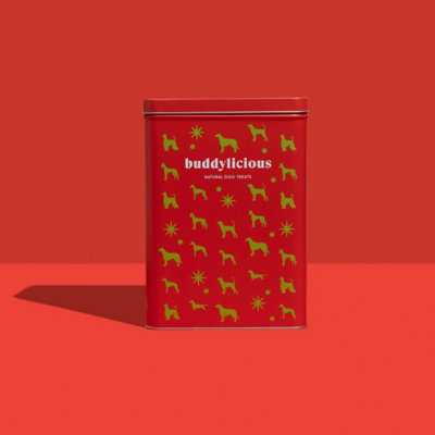 Buddylicious Natural Dog treats Chews Gift Box  Presented In Lovely Collectors Tins Red Gift Box