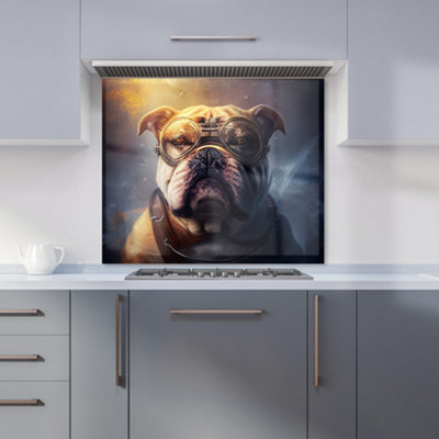 Bulldog With Glasses Splashart Golden Premium Glass Kitchen Splashback W600mm x H600mm