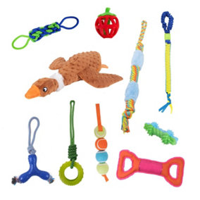 Bundle of 10 Pet Dog Puppy Toys Plush Rope Rubber Chew Squeak Tug Crinkle Bulk Pack Interactive Stimulating Gift
