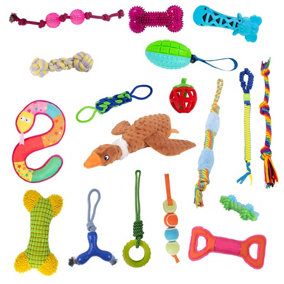 Bundle of 18 Pet Dog Puppy Toys Plush Rope Rubber Chew Squeak Tug Crinkle Bulk Pack Interactive Stimulating Gift