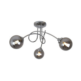Bungo 3 Light Polish Chrome Ceiling Light with Blown Glass Shades in Chromed Smoke