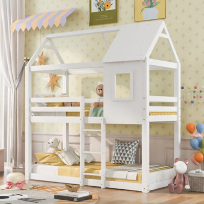 Bunk Bed Children Cabin Bed Single Bed for Kids Twin Sleeper Solid Pine Wood 3FT White