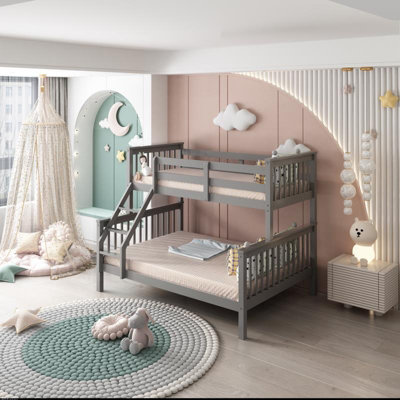 Bunk Bed Kids Grey 3ft Single Upper and 4ft6 Double Bottom Bunk Beds Wooden Pine Children Bedroom