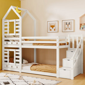 Bunk Bed Storage Children Cabin Bed Single Bed with Window for Kids, Twin Sleeper 190x90 cm, Solid Pine Wood, 3FT, White