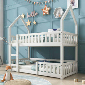 Bunk Bed, Twin Sleeper Bed with Ladder, Solid Wood Frame 3FT Single bed,  90 x 190 cm Wooden Bed Frame for Kids Children (White)