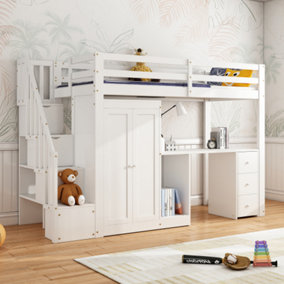 Bunk Bed with Safety Rails, Wardrobe, Desk, Stairway Storage Compartment and Multi-Drawer Design, White, 90x190cm