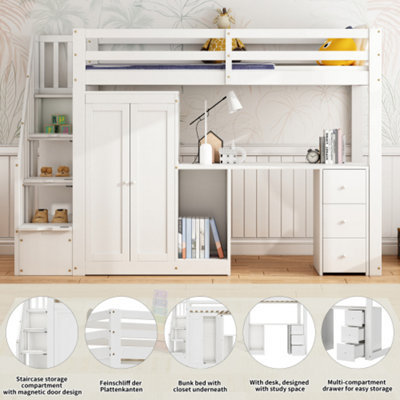 Bunk Bed with Safety Rails Wardrobe Desk Stairway Storage Compartment and Multi Drawer Design White 90x190cm