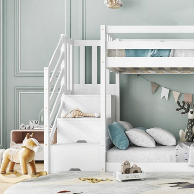 Bunk Bed with Stairs and Slide, Solid Pine Wood, 2 Drawers in Steps ...
