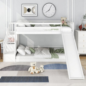 Bunk Bed with Stairs and Slide, Solid Pine Wood Frame, Children Bed with 2 Drawers in the Steps,90x190cm, White