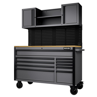 BUNKER 10 Drawer Mobile Workstation with 56 Inch Workbench Light Grey
