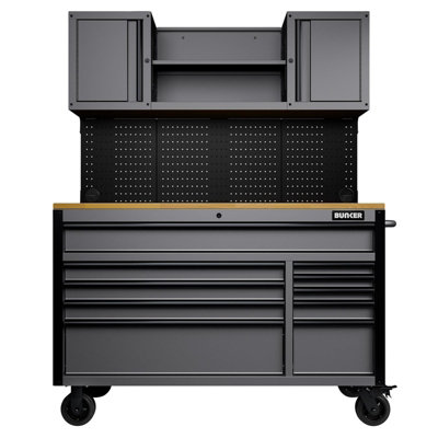 BUNKER 10 Drawer Mobile Workstation with 56 Inch Workbench Light Grey