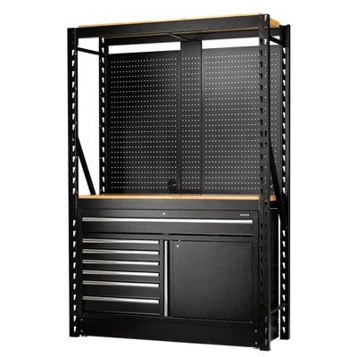 BUNKER 14 Piece Modular Storage Combo 2 Tier Racking with Hardwood Shelving, Pegboards and Floor Cabinet, 1500mm 28005