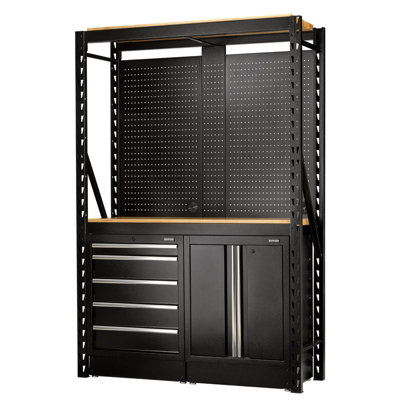 BUNKER 15 Piece Modular Storage Combo 2 Tier Racking with Hardwood Shelving, Pegboards and Floor Cabinets, 1500mm 27912