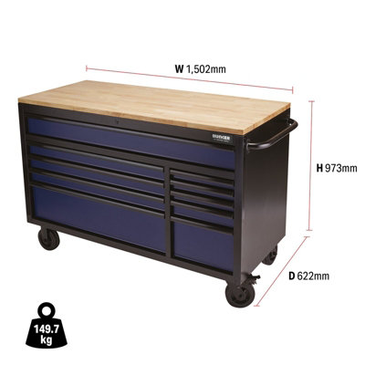 BUNKER Workbench Roller Tool Cabinet, 10 Drawer, 56", Blue 08237