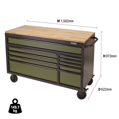BUNKER Workbench Roller Tool Cabinet, 10 Drawer, 56", Green 08236